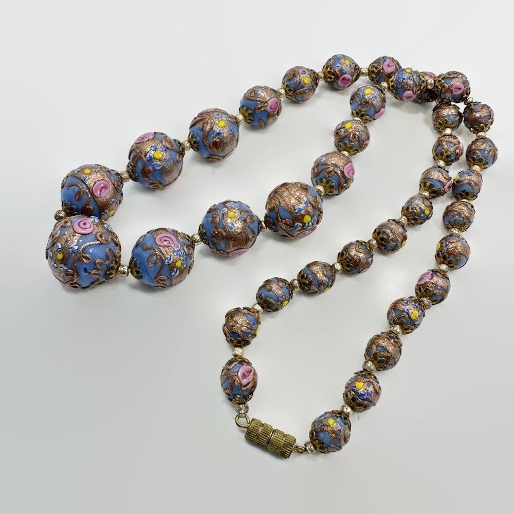 Wedding Cake Beads, Art Deco Necklace, Blue, Venetian, Italian Glass, 20s, 30s